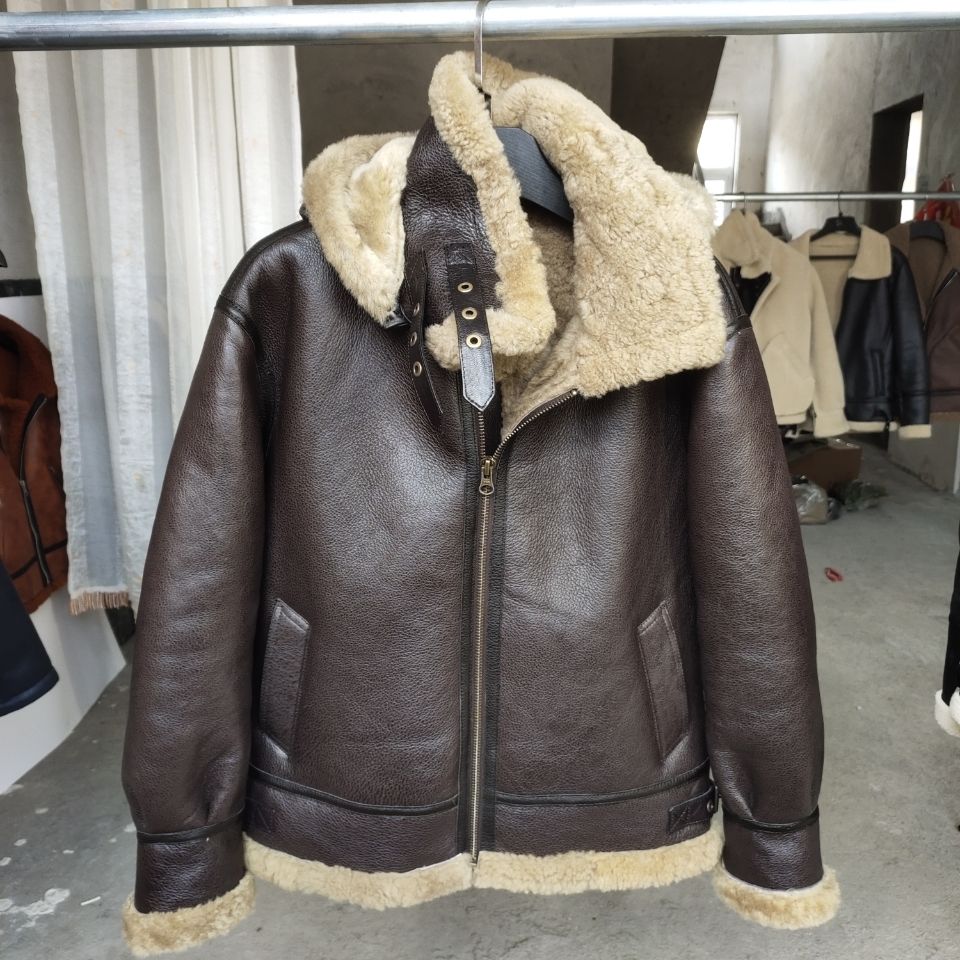 反季b3原生态真皮毛一体机车服加厚皮草外套羊羔毛带帽皮衣夹克潮