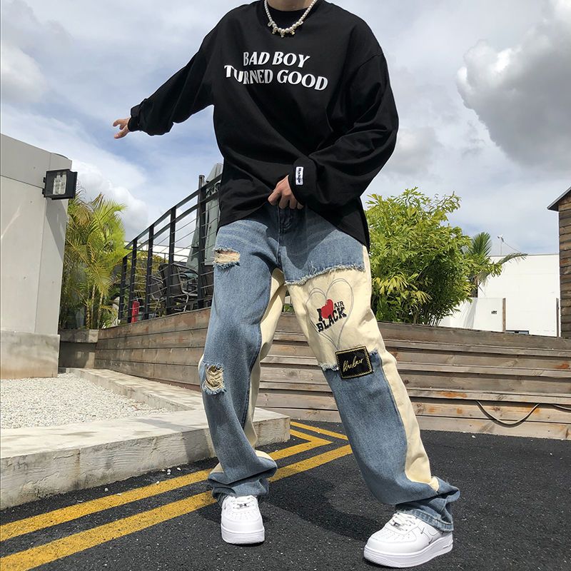 美式高街復古拼接破洞牛仔褲男ins潮牌小眾炸街hiphop設計感褲子