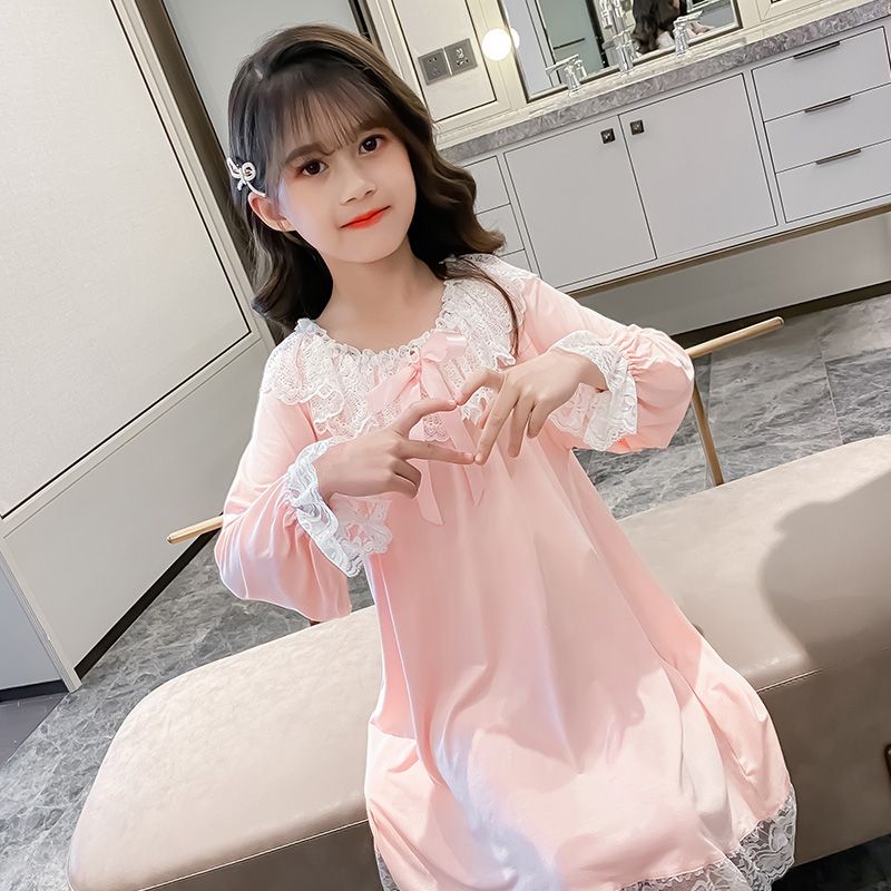 女童睡裙夏季莫代爾薄款春秋小女孩公主宮廷風喇叭袖寶寶睡衣兒童