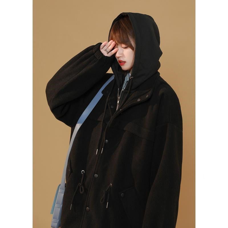 Japanese fake two-piece hooded woolen coat female 2023 autumn and winter new Korean version loose Korean coat students