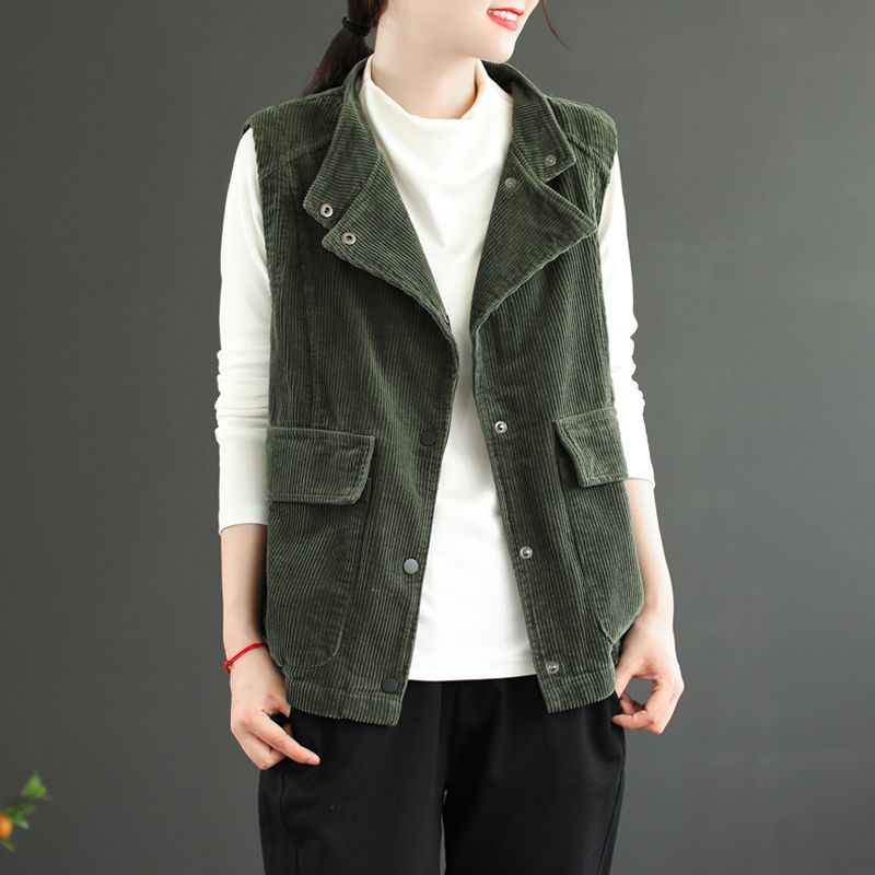 [with lining] double-layer corduroy cardigan vest women's jacket waistcoat vest lapel corduroy top retro