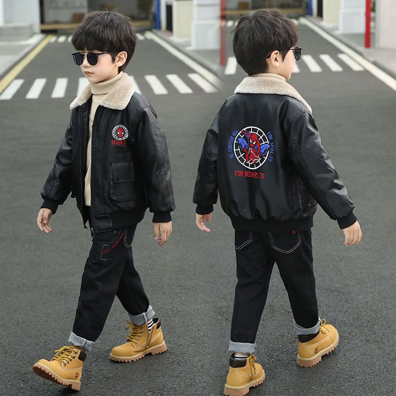 Boys fleece jacket children 2022 autumn and winter new boys medium thick foreign style top baby handsome leather jacket
