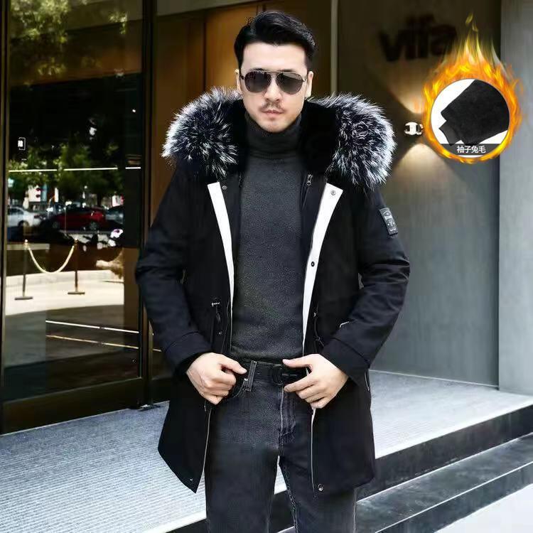 派克服男2021新款兔毛内胆可拆卸中长款冬季皮草外套男士皮毛一体