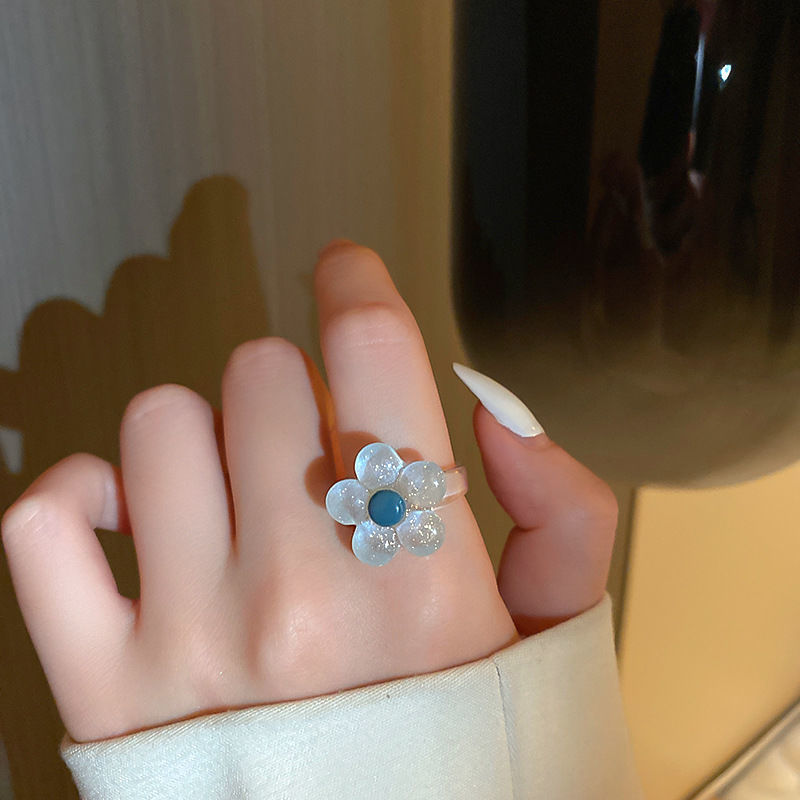 Blue sweet flower ring~ins niche design does not fade resin interesting contrast color small fresh flower ring