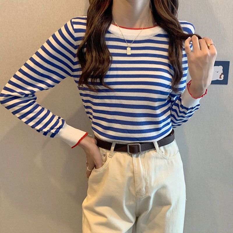 Early autumn top lazy new knitted sweater women's  college style striped round neck long-sleeved loose bottoming shirt