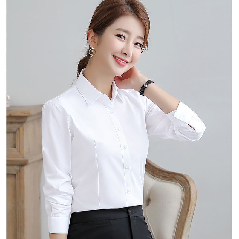 春季白色衬衫女长袖衬衣正装韩版修身蓝色打底职业大码工作服正装