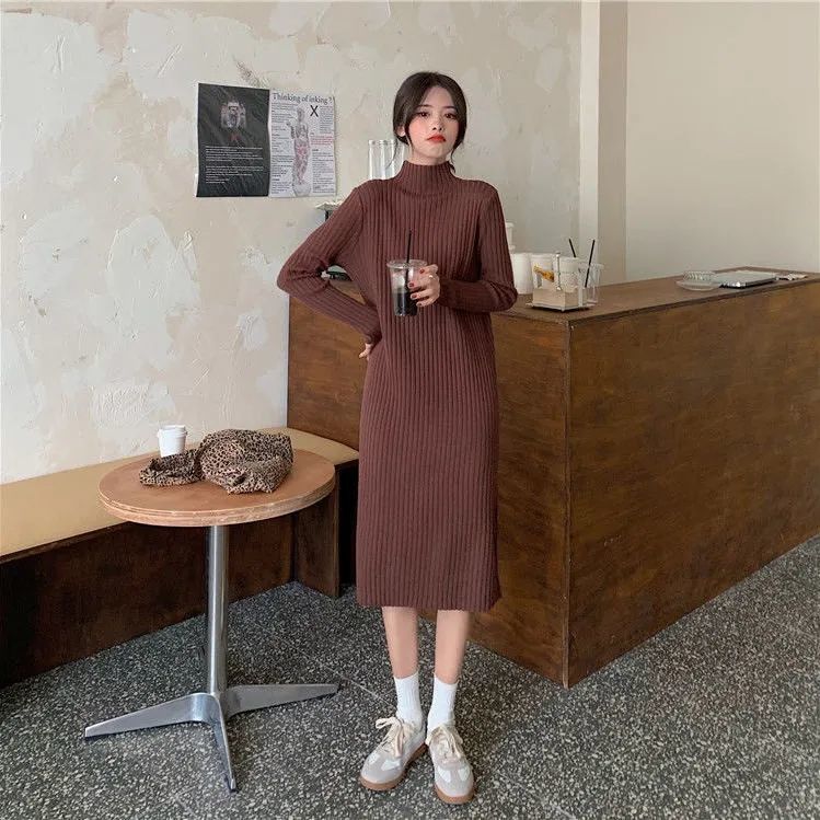 Autumn and winter Korean version 2022 new half turtleneck slim mid-length bottoming knitted casual long-sleeved dress women's clothing