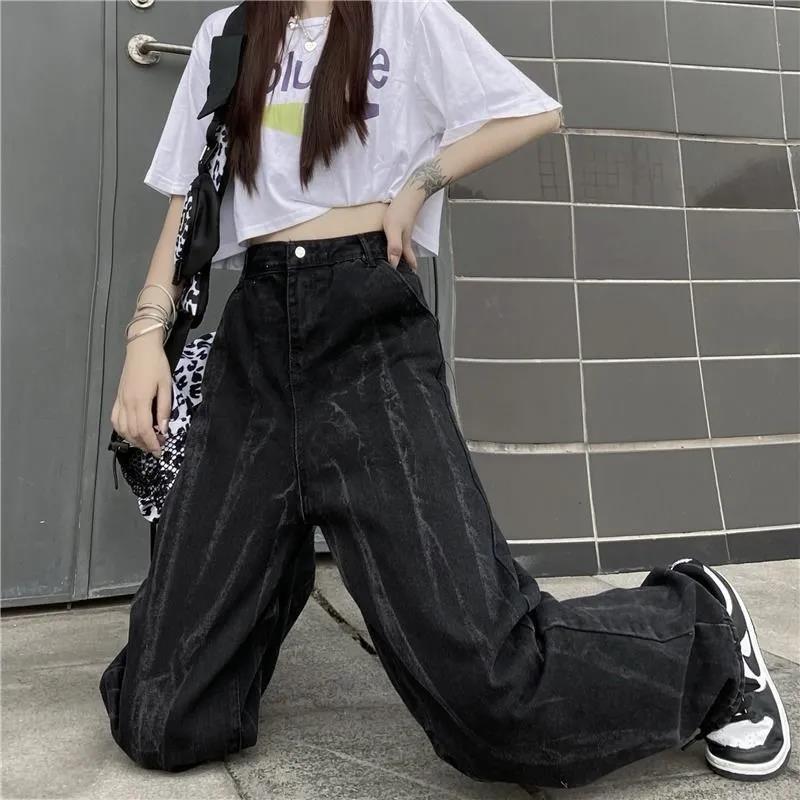 Fat sister 200 catties retro black gradient wide-leg jeans female loose slim daddy pants straight trousers trendy