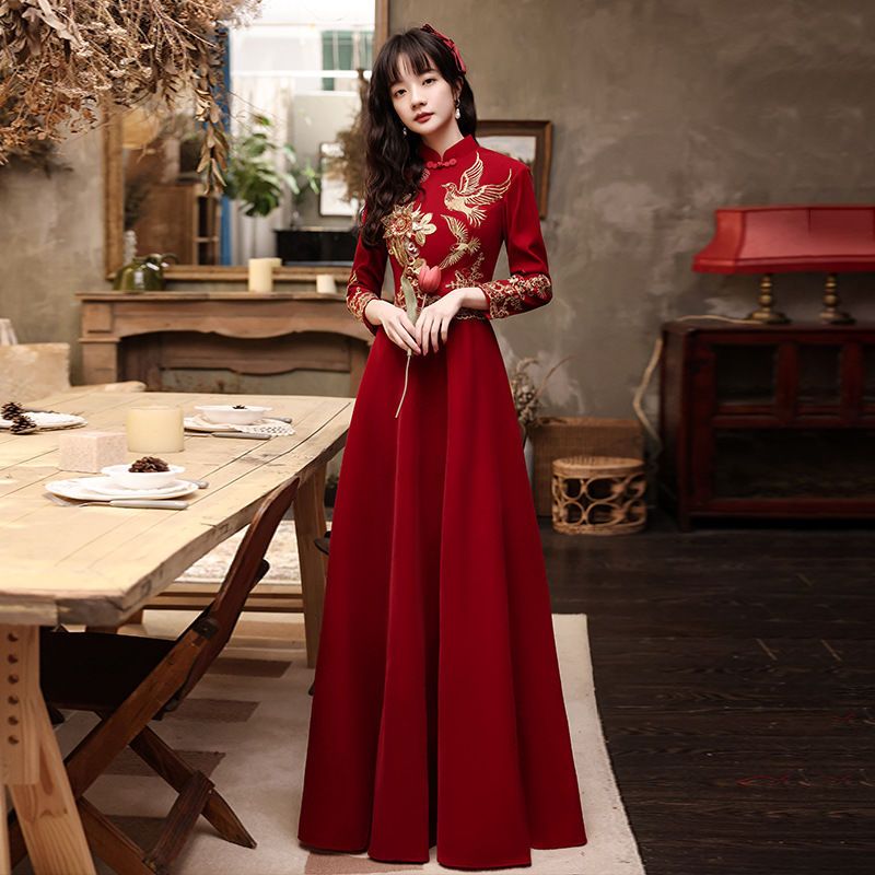 端庄中式敬酒服新娘2022新款连衣裙春夏长袖酒红色结婚回门晚礼服