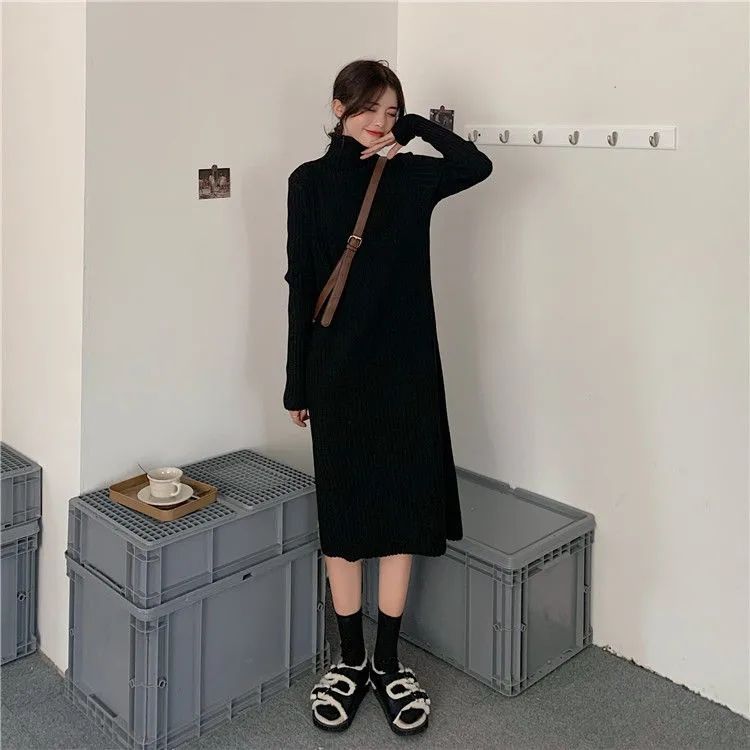 Autumn and winter Korean version 2022 new half turtleneck slim mid-length bottoming knitted casual long-sleeved dress women's clothing