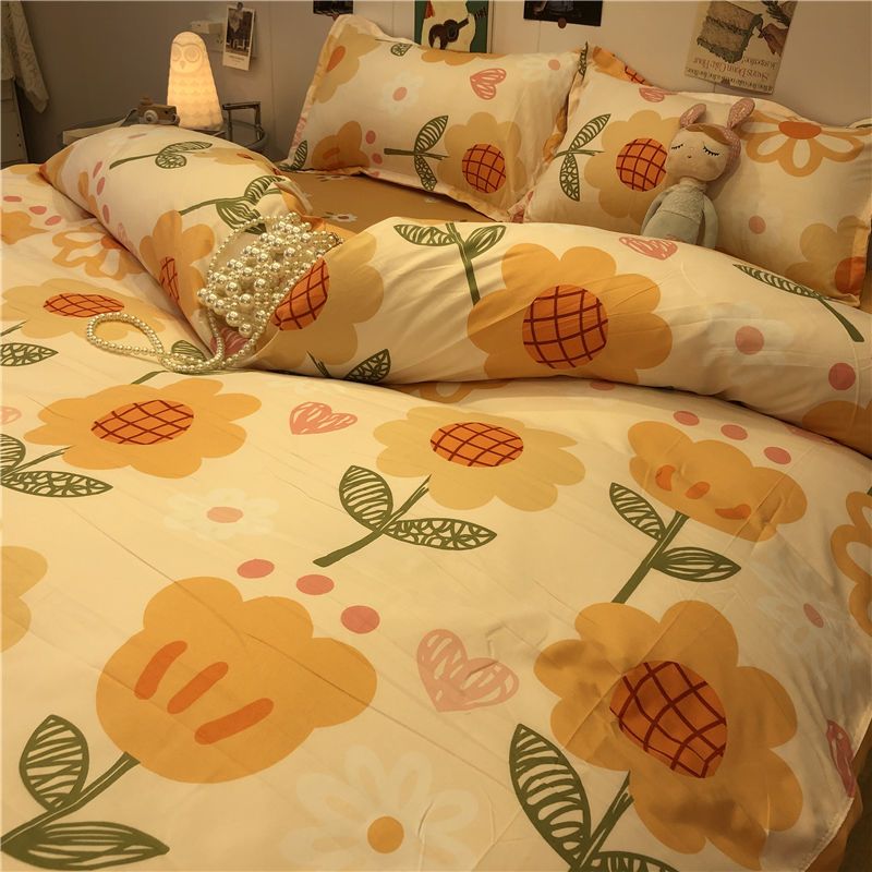 油画风向日葵四件套橘色被套秋冬磨毛床上用品学生寝室被单三件套