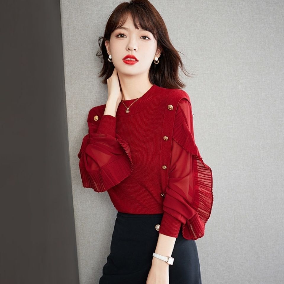 2021新款秋装春款时尚红色针织衫女荷叶边设计感小众灯笼袖毛衣女