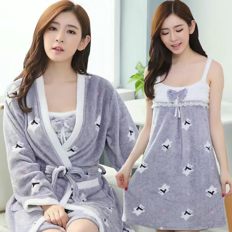 Pajamas women's winter flannel nightgown autumn and winter long-sleeved thickened coral fleece pajamas bathrobe mid-length nightdress two-piece set
