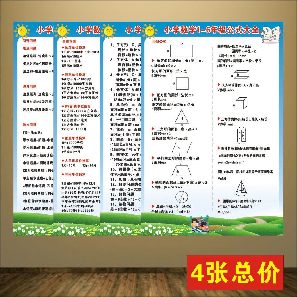 小学生数学公式大全墙贴一到二六年级单位换算表定律知识汇总挂图