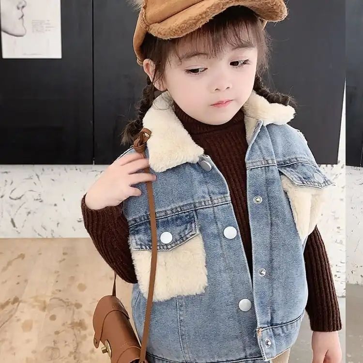 Boys and girls autumn and winter style denim vest children's baby coat plus velvet foreign style outerwear vest vest tide