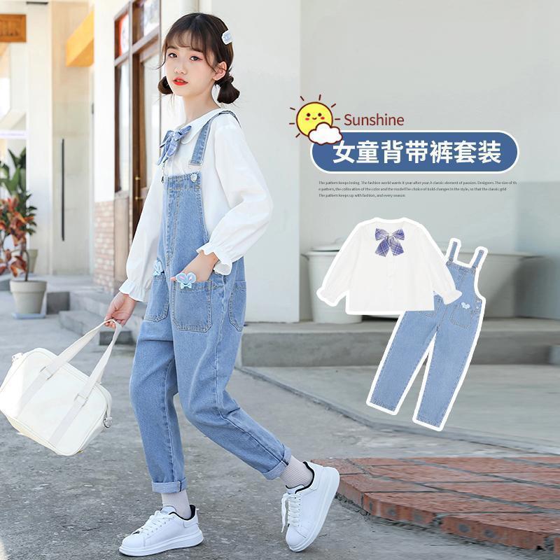 女童牛仔背帶褲春秋韓版寬鬆兩件套2023新款中大童洋氣女孩秋裝褲