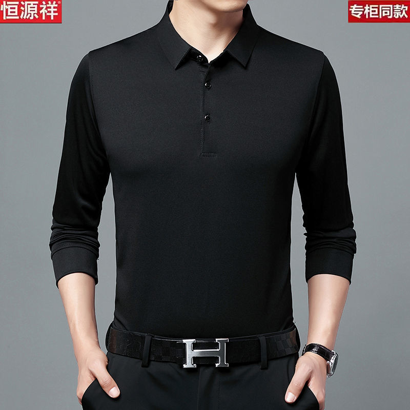 75702-恒源祥T恤男新款长袖宽松大码商务休闲男装纯色翻领polo衫爸爸装-详情图