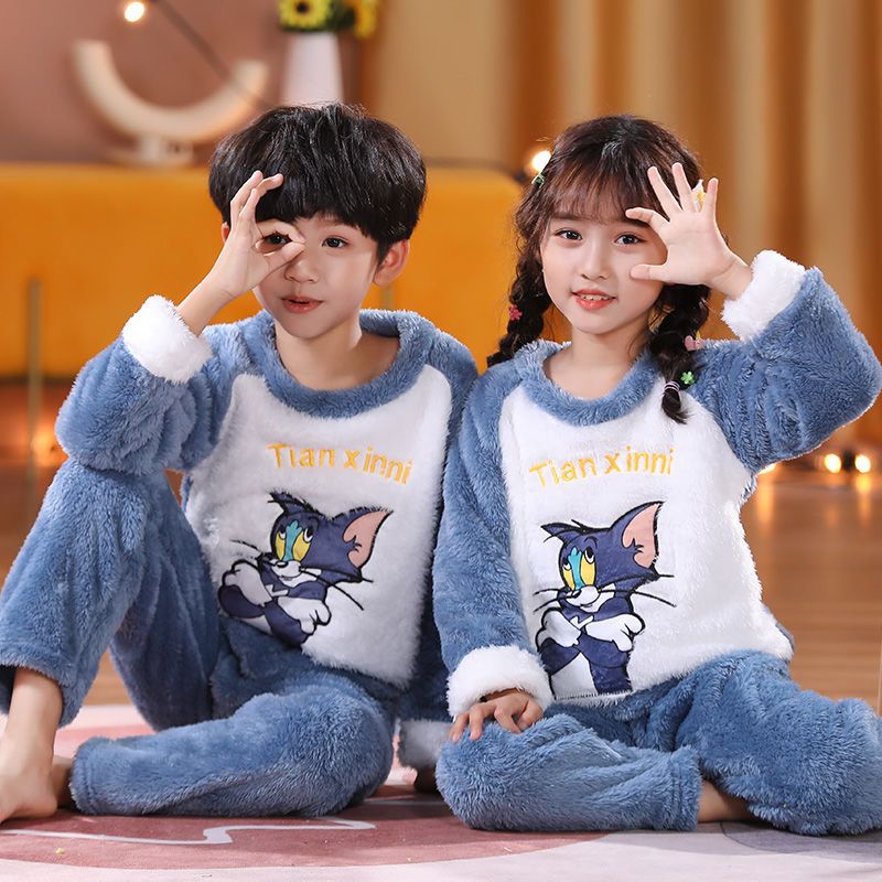 Children's Autumn and Winter Boys Flannel Pajamas Cute Cartoon Girls Thickened Warm Coral Fleece Homewear Set