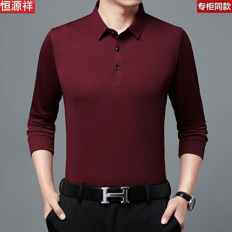 75702-恒源祥T恤男新款长袖宽松大码商务休闲男装纯色翻领polo衫爸爸装-详情图
