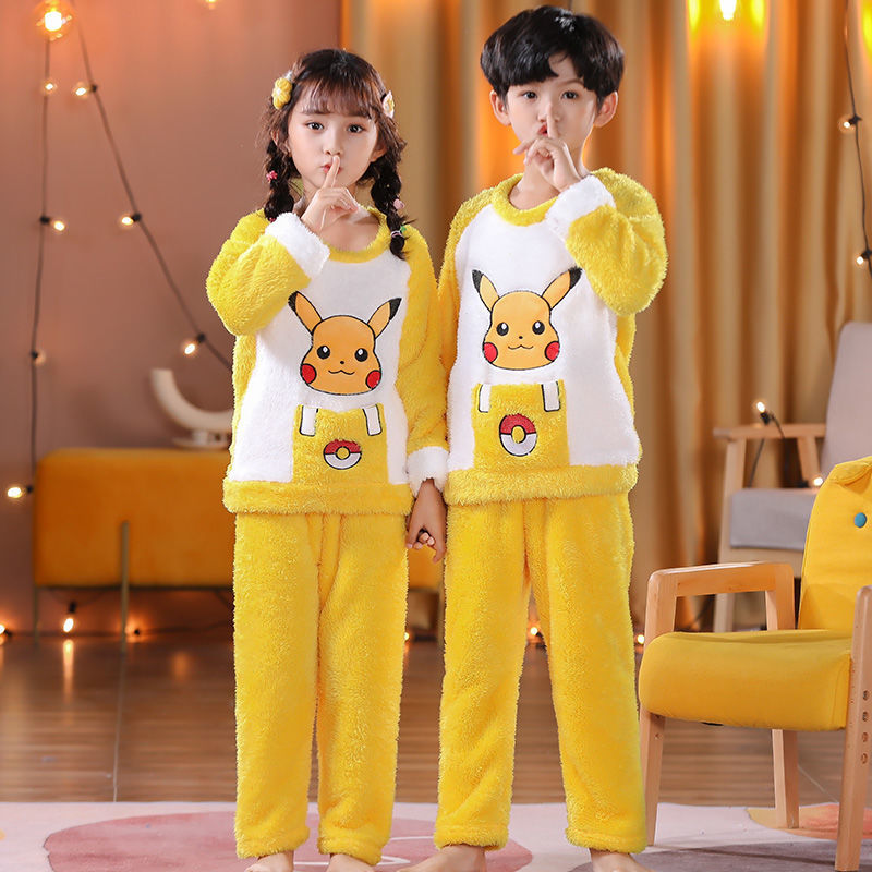 Children's Autumn and Winter Boys Flannel Pajamas Cute Cartoon Girls Thickened Warm Coral Fleece Homewear Set