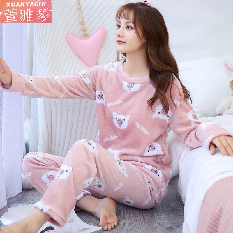 Pajamas women's winter coral fleece thickened Korean version of female students autumn and winter women's flannel cartoon home service suit