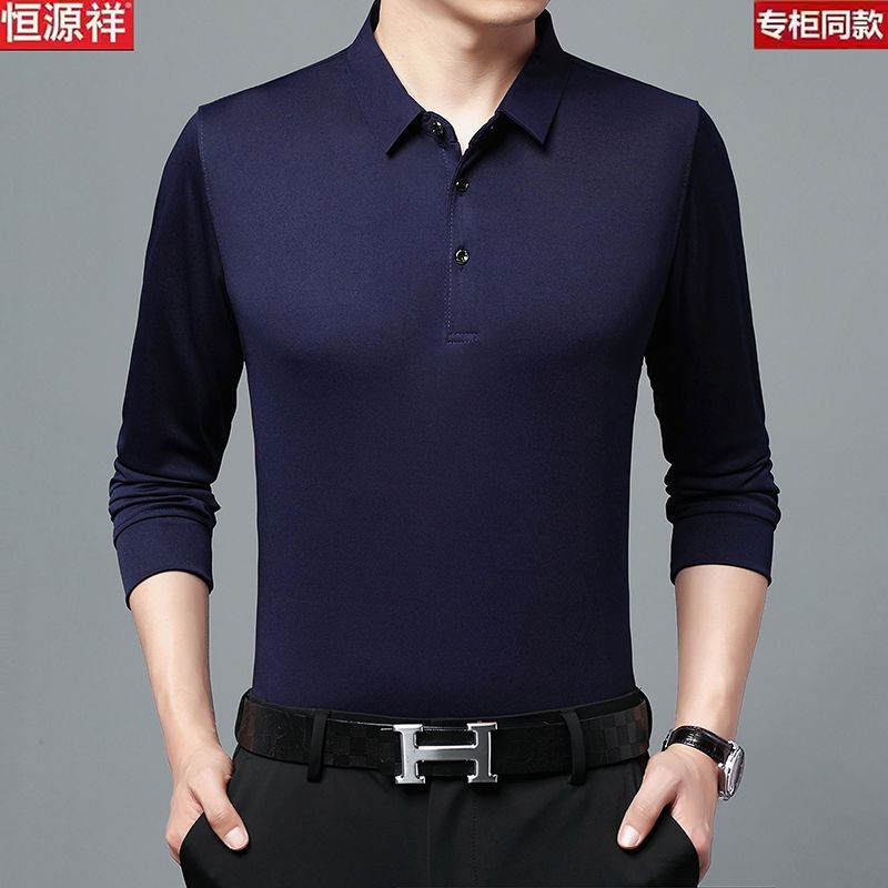 75702-恒源祥T恤男新款长袖宽松大码商务休闲男装纯色翻领polo衫爸爸装-详情图