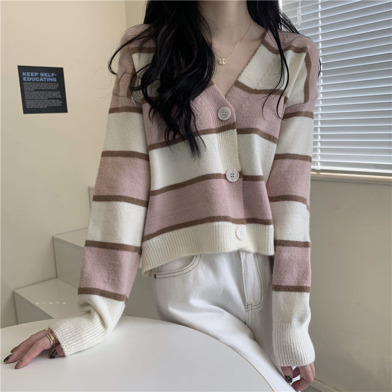  new retro Japanese style lazy loose V-neck striped long-sleeved cardigan top trendy sweater women's autumn outerwear