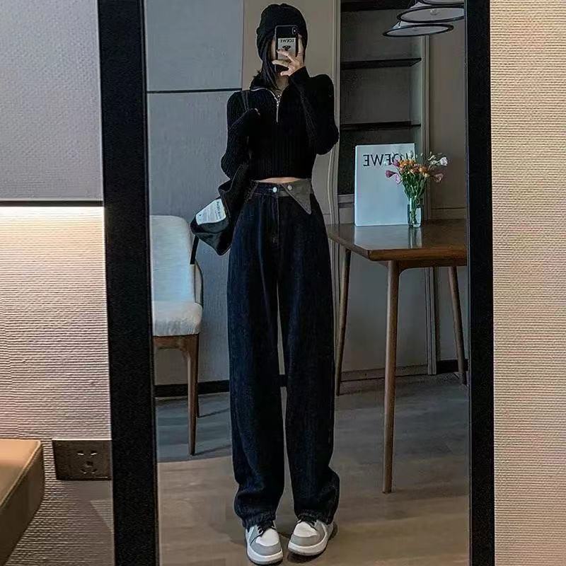 春秋新款深藍高腰闊腿牛仔褲女2023年直筒寬鬆百搭顯瘦垂感拖地褲