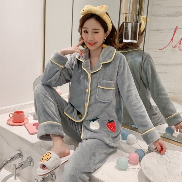Autumn and winter coral fleece thickened pajamas female fat mm200 catties plus fat plus size flannel ins wind warm home service