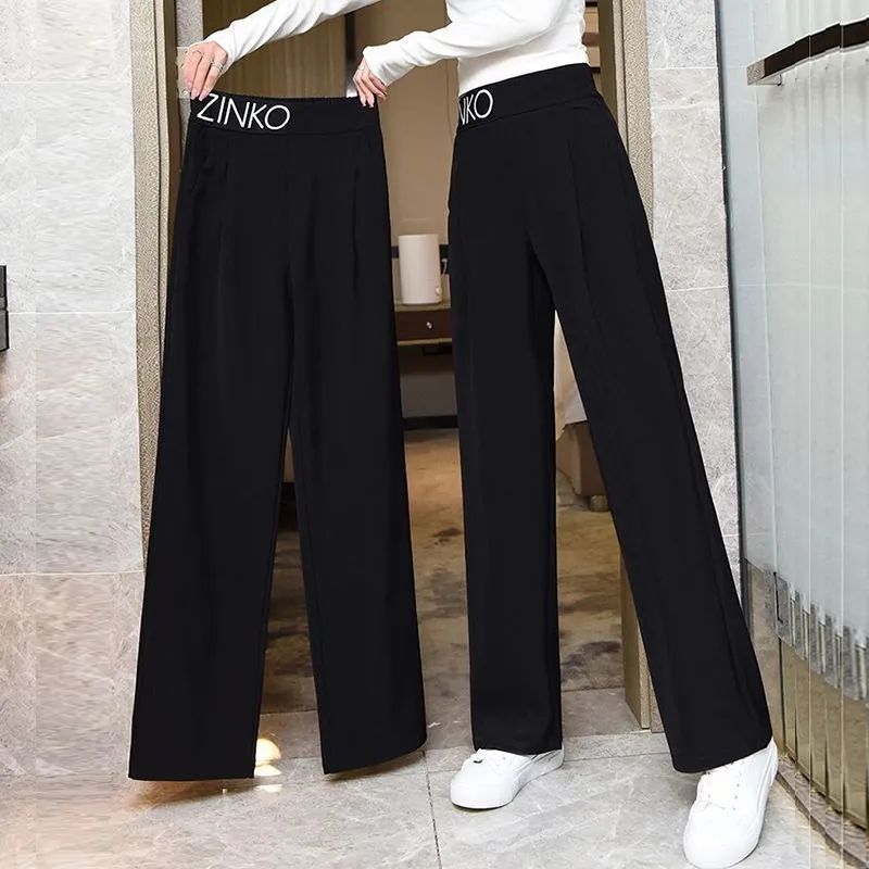 75789-2021春秋韩版大码新款长裤高腰阔腿裤女休闲女裤垂感宽松直筒裤子-详情图