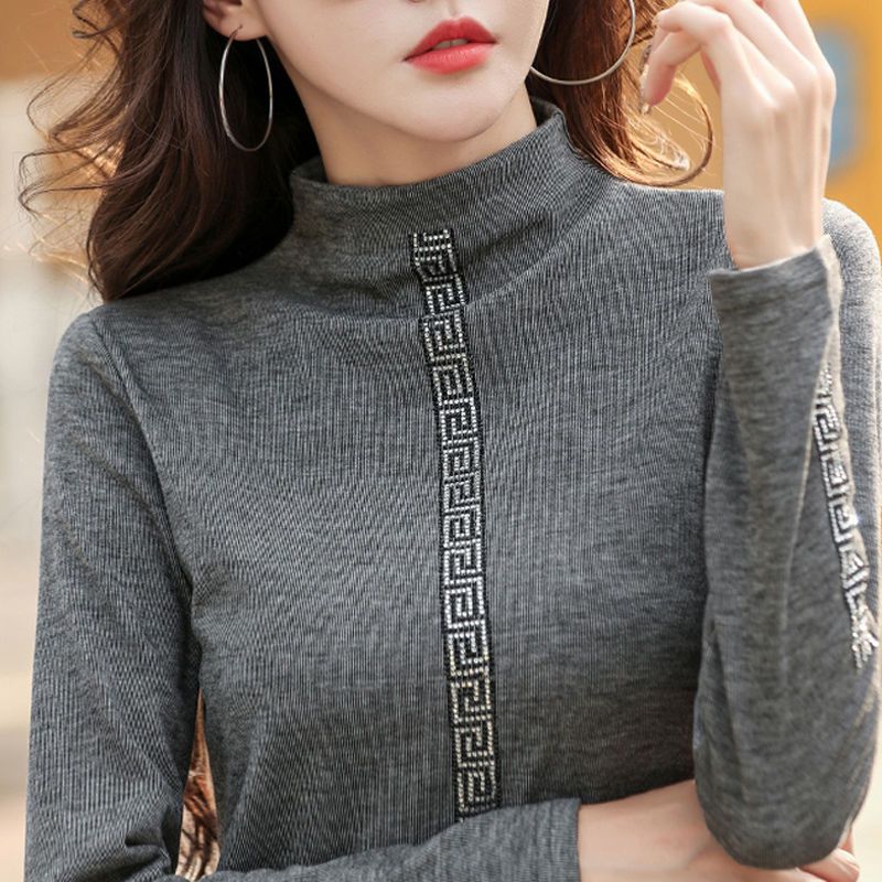 Black half-high collar bottoming shirt women's autumn and winter new foreign style inner layer thickened warm diamond long-sleeved cotton T-shirt top