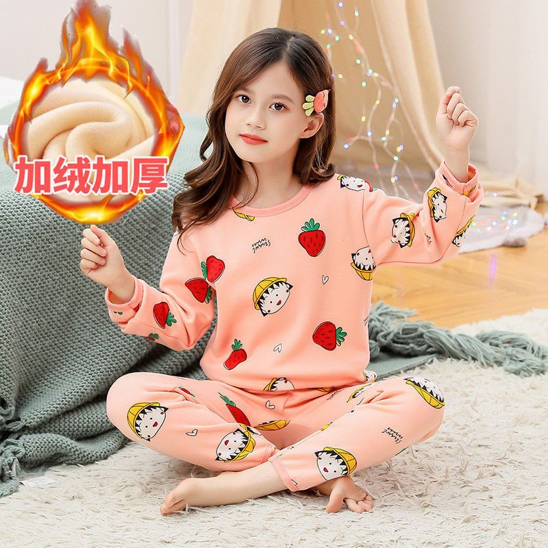 Children's thermal underwear set plus velvet thickened long johns autumn and winter warm pajamas two-piece set for men and women