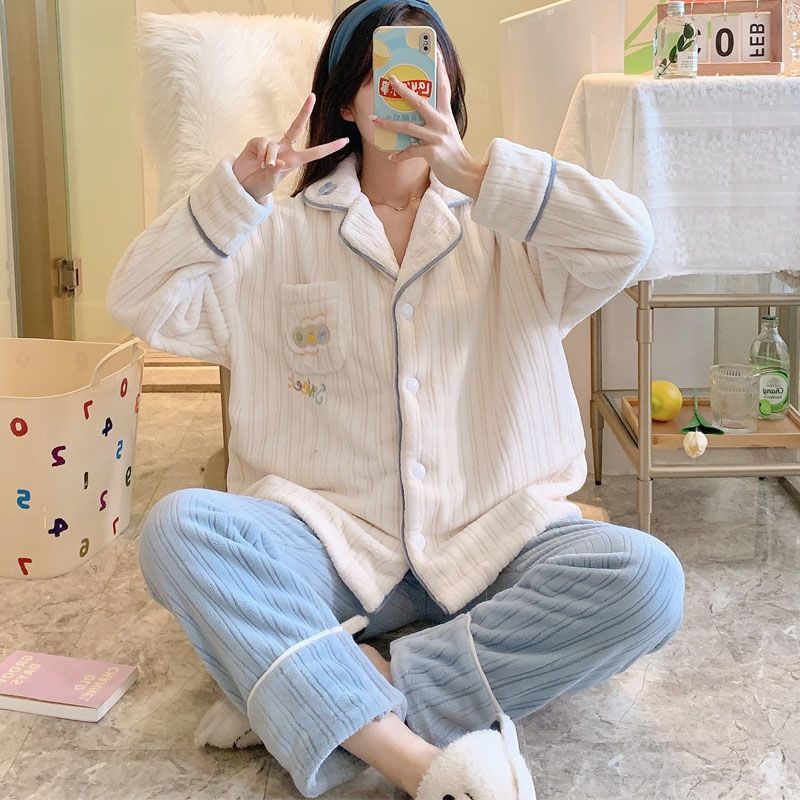 睡衣女秋冬季加厚珊瑚絨冬天可愛ins風網紅外出法蘭絨家居服套裝