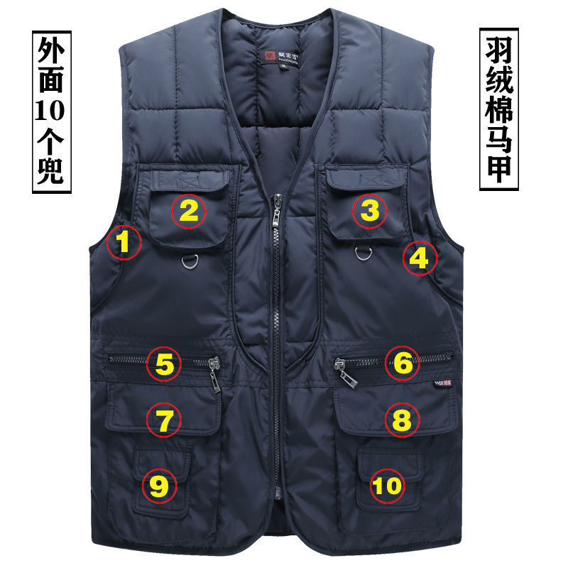 Autumn and winter down cotton vest new middle-aged and elderly thickened vest elderly people keep warm multi-pocket vest casual jacket