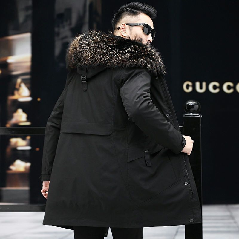 2021新款派克服男中长款真毛领加绒加厚保暖休闲连帽冬季男装外套