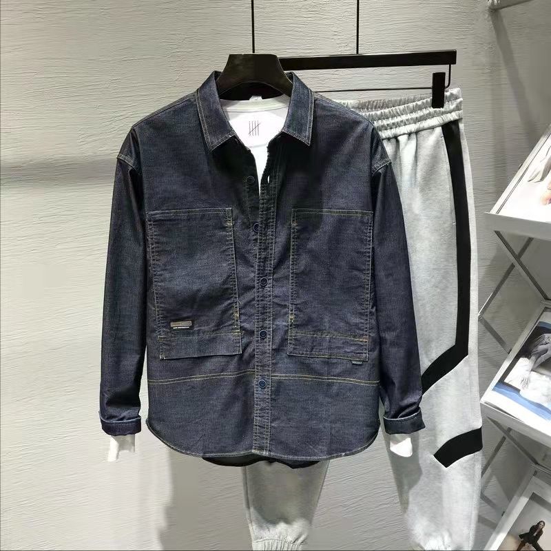 2022 Spring and Autumn New Denim Jacket Shirt Men's Korean Style Casual Pocket Tooling Jacket Handsome Simple Shirt