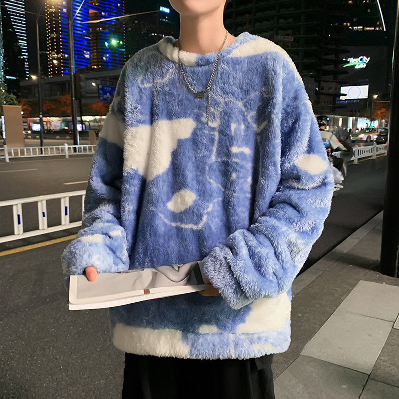 Hong Kong style flannel sweater boys autumn and winter loose Korean version thickened t-shirt inside and outside wear couple t-shirt pajamas jacket