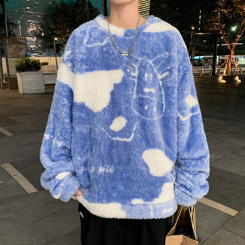 Hong Kong style flannel sweater boys autumn and winter loose Korean version thickened t-shirt inside and outside wear couple t-shirt pajamas jacket
