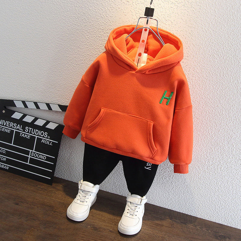 Children's clothing boy's fleece and thickened sweater winter clothing 2022 new children's hooded children's tops autumn and winter models to keep warm