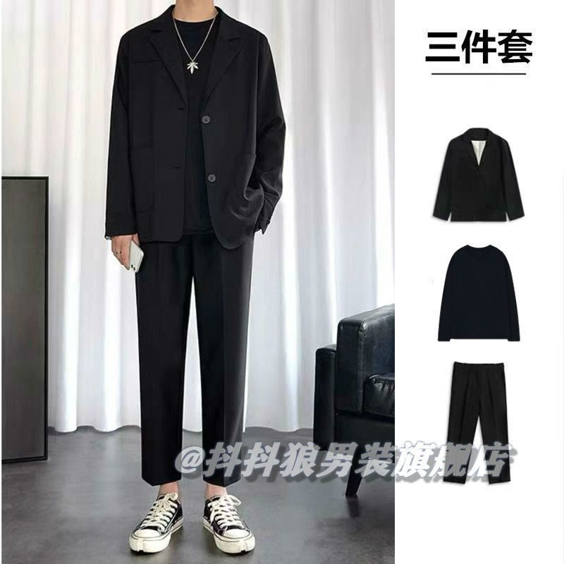 Casual suit set men's fall feeling autumn new suit jacket Korean version trend men's drop feeling loose straight trousers