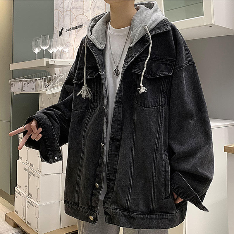 Fake two-piece handsome hooded jacket for men spring and autumn new loose American hip-hop denim clothes ins Hong Kong style jacket