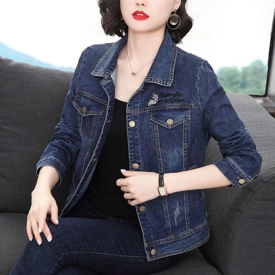 Internet celebrity new short denim jacket female loose mother autumn clothing fashion women's denim clothing embroidered top spring and autumn