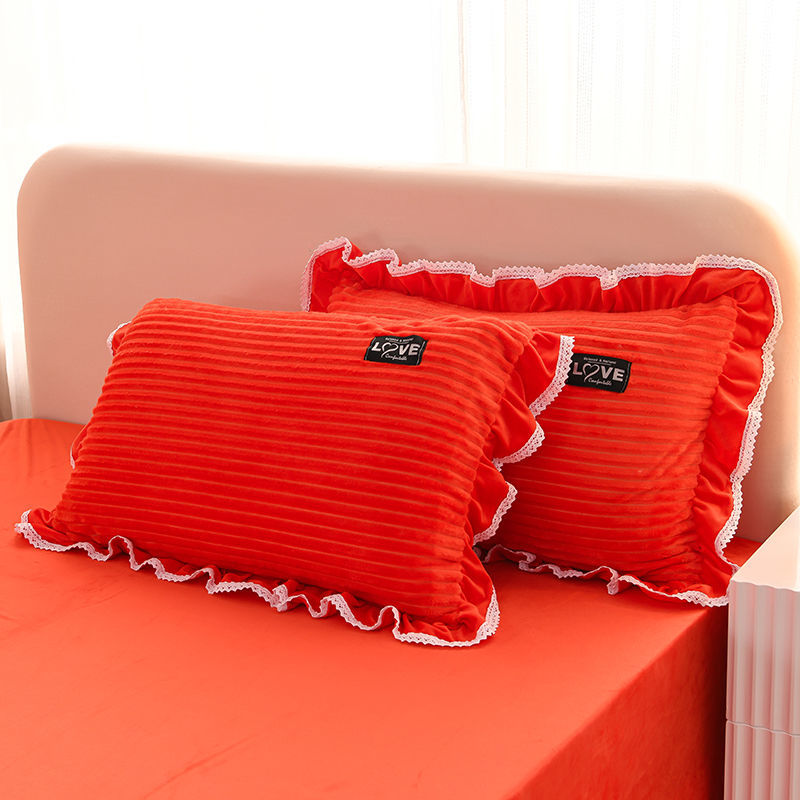 韩版珊瑚绒枕套一对装纯色法莱绒枕头套荷叶蕾丝花边双面绒枕芯套