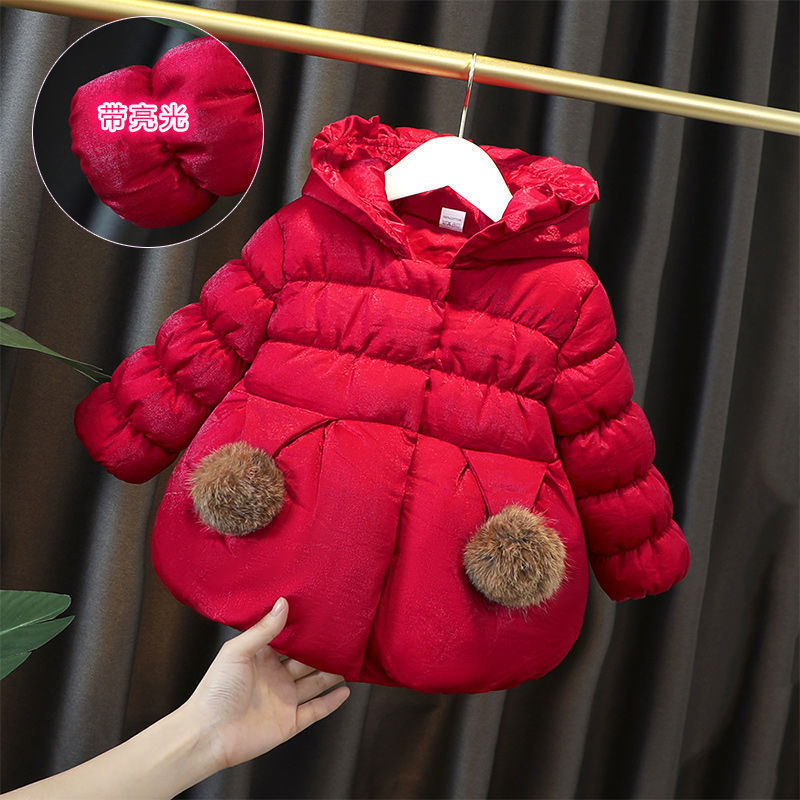 2023 winter new style girls' cotton-padded jackets with velvet and thickened baby girl's mid-length princess cotton-padded jackets festive new year clothes