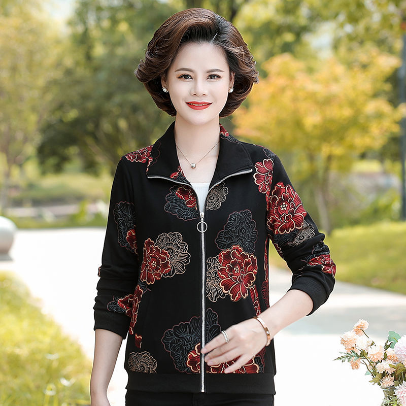 休闲中老年外套女长袖短款妈妈装大码上衣中年女士秋季薄款夹克衫