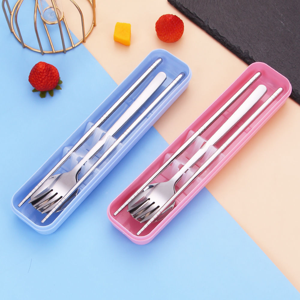 韩式可爱便携式不锈钢餐具套装筷子勺子叉子三件套学生旅行筷勺盒