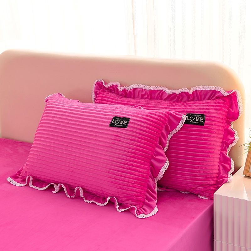 韩版珊瑚绒枕套一对装纯色法莱绒枕头套荷叶蕾丝花边双面绒枕芯套