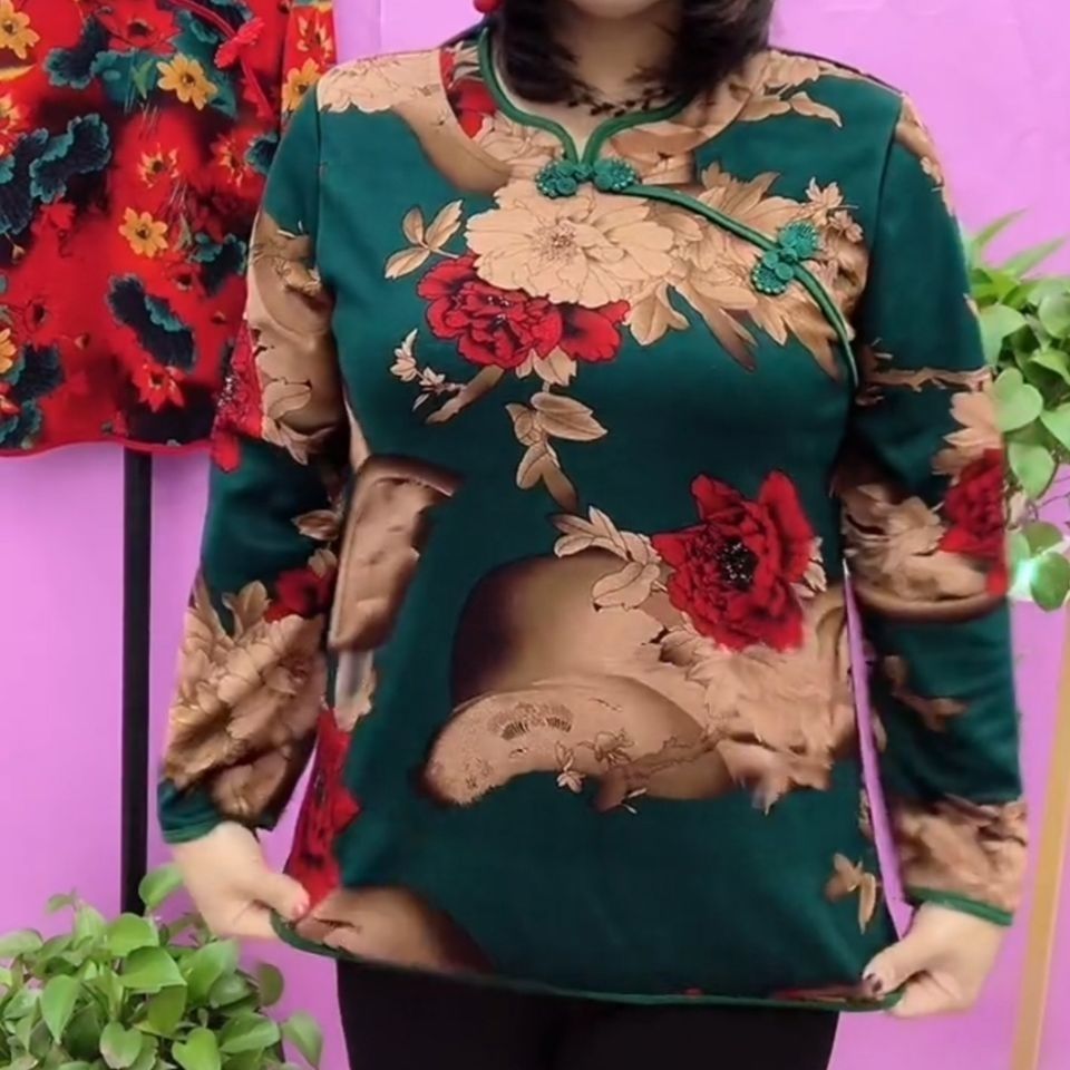 春秋新款长袖唐装复古改良旗袍上衣宽松弹力大码妈妈装减龄花衫