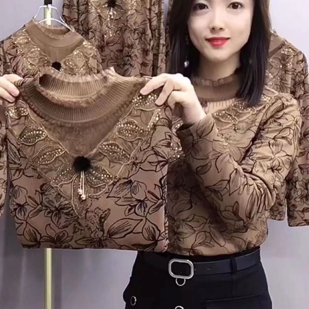 88437-春秋冬加绒长袖打底衫女装洋气减龄蕾丝领镂空显瘦遮肚妈妈装潮-详情图
