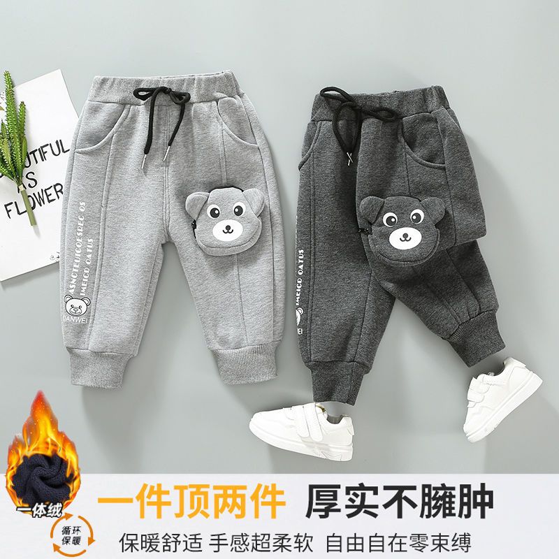 男童加絨褲子秋冬款寶寶寬鬆運動褲外穿加厚小童一體絨兒童保暖褲